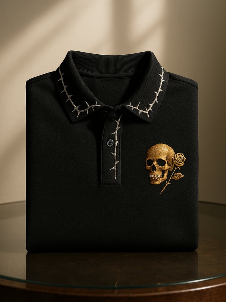 District Seven Men's Business Casual Skull Print Button-Down Polo Shirt